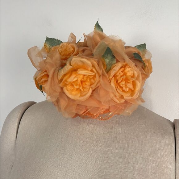 Vintage 1960 Millinary Head Piece Hat Orange Flowers Pill Box Hat Mid Century - Picture 3 of 9